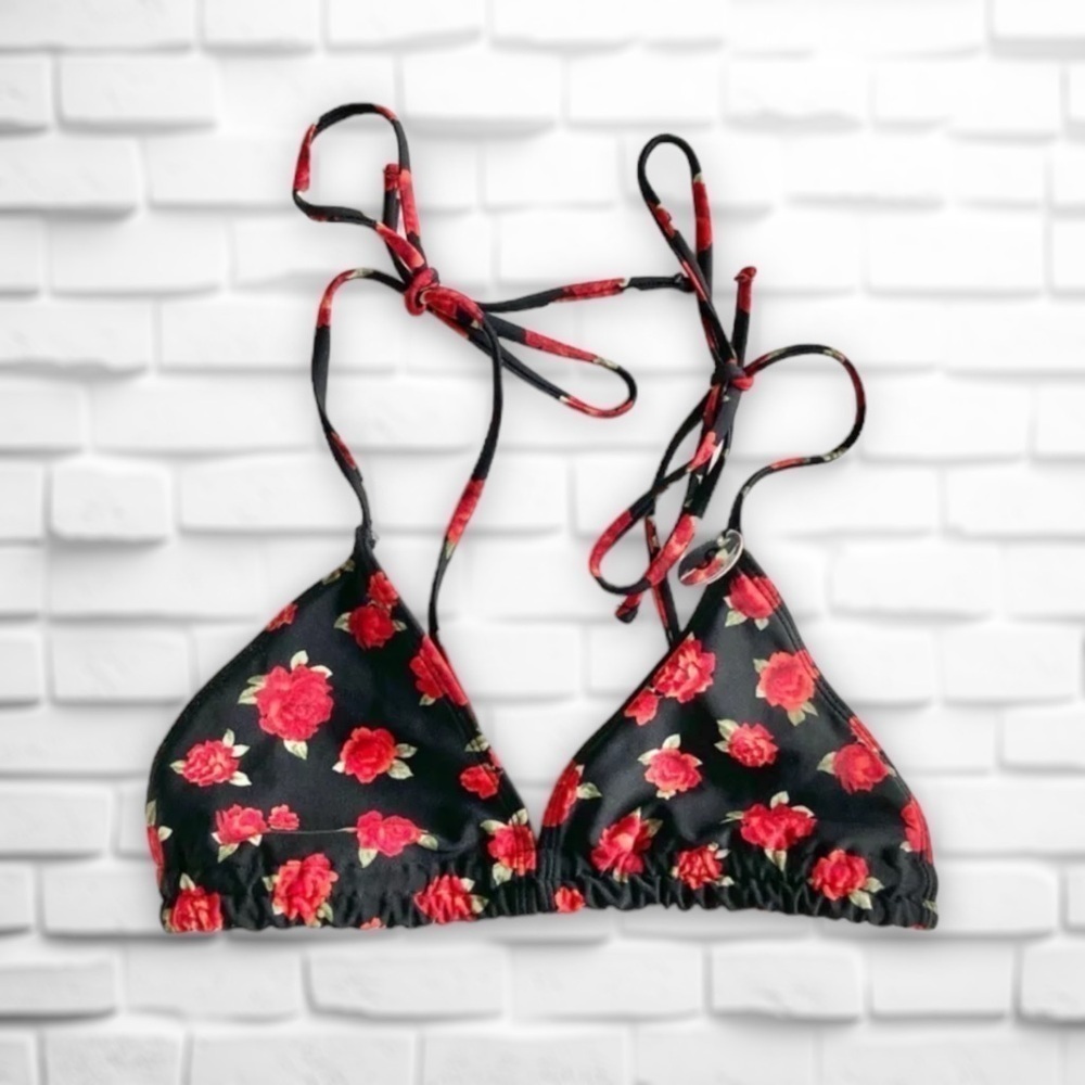 Forever 21 Plus Black Rose Print Adjustable Tie Triangle Bikini Top Size 2X